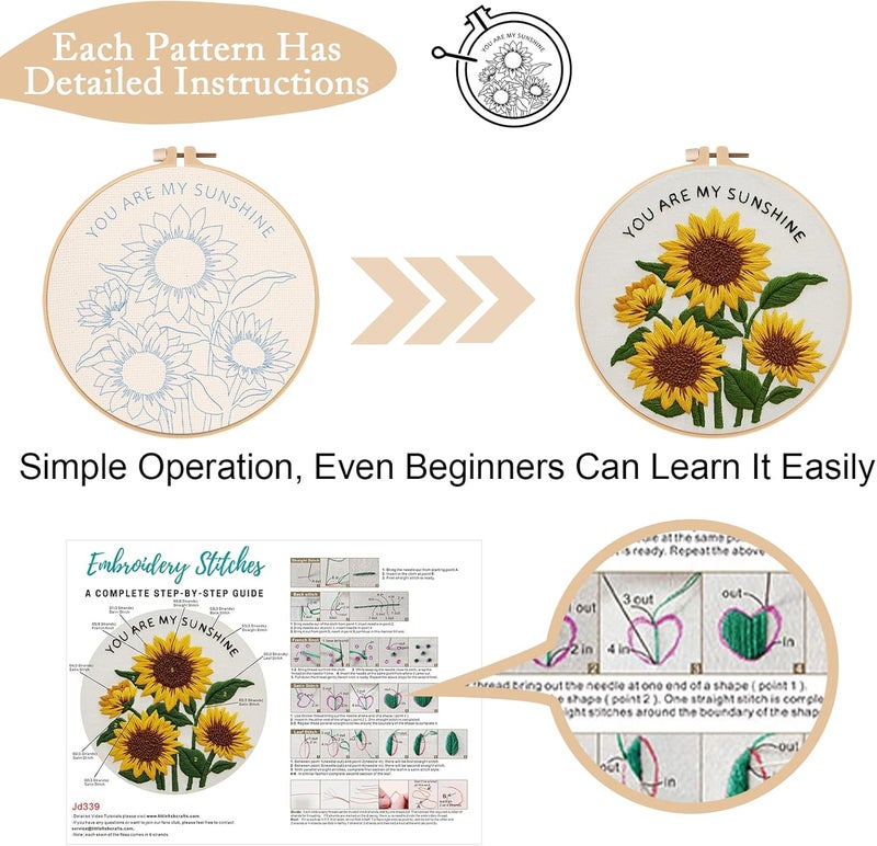 Nuberlic Sunflower Embroidery Kit 3 Pack Embroidery Kits for Adults Beginners Starter Cross Stitch Kit Set with Sunflower Floral Designs - Perfect DIY Gift - Image 4